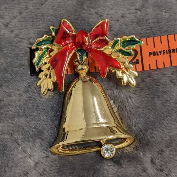 Vintage 1980's Goldtone Holiday Bell with Red Ribbon Brooche - Picture 8 of 8